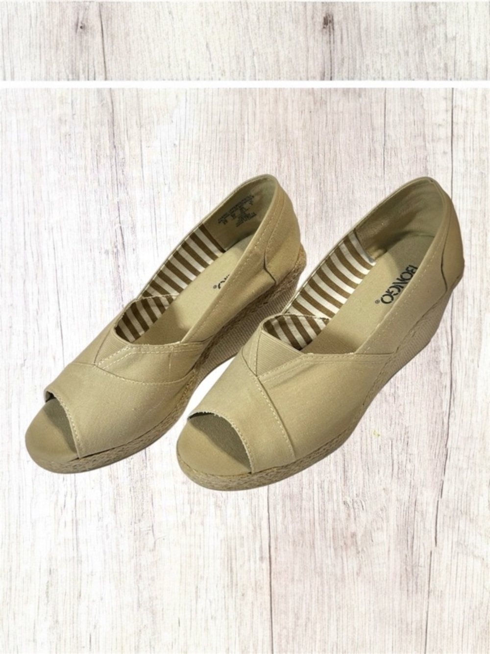Bongo Peep Toe Espadrille Wedge Shoes Tan Canvas Boho Summer Size 9.5